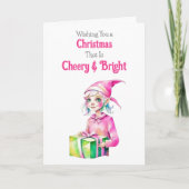 Alt-modischer Weihnachts-Rosa-Elf Feiertagskarte (Vorderseite)