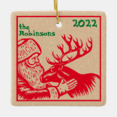 Alt modischer Woodcut Weihnachtsmann und Rentier Keramikornament (Vorderseite)
