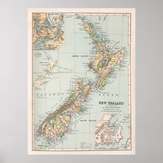 Alt-Neuseeland-Karte (1892) Neuseeland Poster (Vorne)