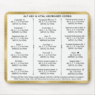 Alt-Schlüssel- und HTML-Tastaturcodes Mousepad