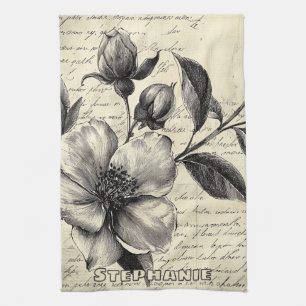 Alt-Welt-Sepia-Blumen-Skizze-Pergament Geschirrtuch