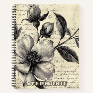 Alt-Welt-Sepia-Blumen-Skizze-Pergament Notizblock