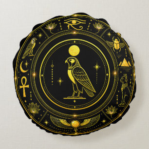 Altägyptische Symbole Schwarz Gold Muster Luxus Rundes Kissen
