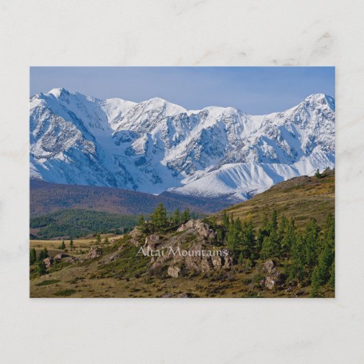 Altai-Gebirge, landschaftliches Foto, etikettiert, Postkarte (Vorderseite)