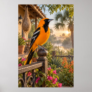 Altamira-Trichterohrstelze auf einer Gartenveranda Poster