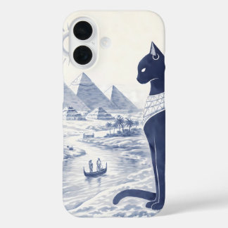 Alte ägyptische Bastet-Katze und Pyramiden Blau iPhone 16 Hülle