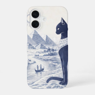 Alte ägyptische Bastet-Katze und Pyramiden Blau iPhone 16 Hülle