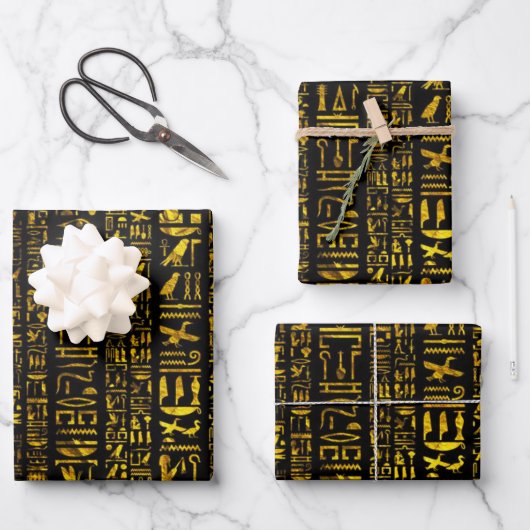 Alte ägyptische Hieroglyphen Gold schwarze Decopag Geschenkpapier Set (Vorderseite)