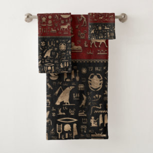 Alte ägyptische Hieroglyphen - schwarzes rotes Badhandtuch Set