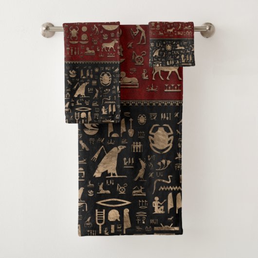 Alte ägyptische Hieroglyphen - schwarzes rotes Badhandtuch Set (Insitu)