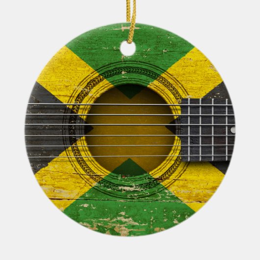 Alte Akustikgitarre mit jamaikanischer Flagge Keramik Ornament (Vorne)