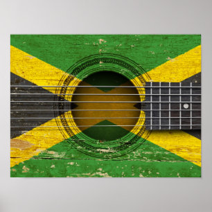 Alte akustische Gitarre mit jamaikanischer Flagge Poster