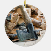 Alte Axt und Brennholz Keramik Ornament (Hinten)