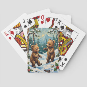 Alte Bärenjungen spielen im schneebedeckten Weihna Spielkarten