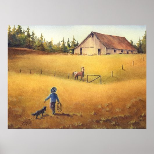 ALTE BARN, APALOSA, BOY & HUND von SHARON SHARPE Poster (Vorne)