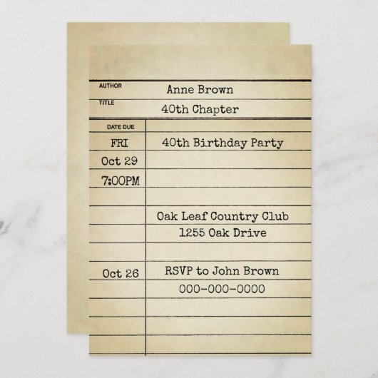 Alte Bibliothekskarte 40. Geburtstag Party Einladung (Vorne/Hinten)