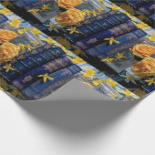 Alte blaue Bücher und gelbe Blüten Geschenkpapier (Ecke)