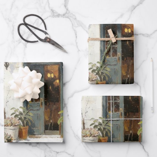 Alte blaue Tür mit Topfpflanzen als Geschenkpapier Set (Vorderseite)