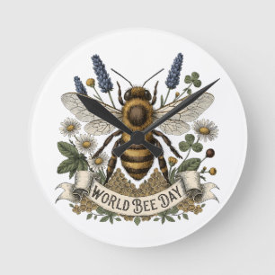 Alte botanische Illustration zum Welttag der Biene Runde Wanduhr
