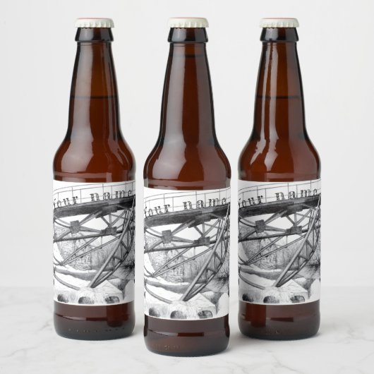 Alte Brücke. Bleistift zeichnend. Bierflaschenetikett (Flaschen)