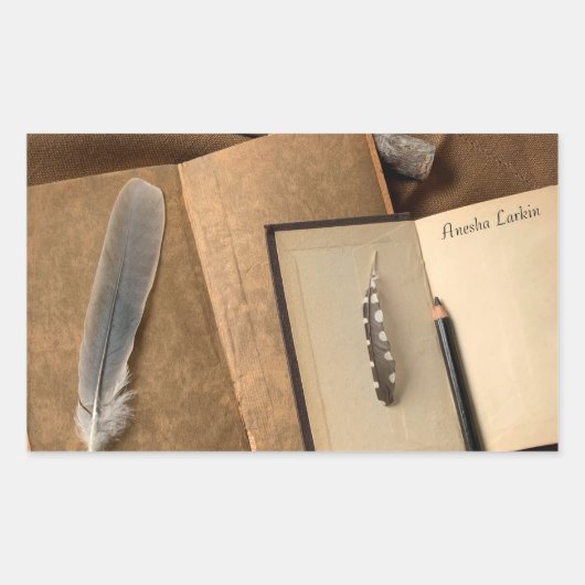 Alte Bücher mit Bleistift, Federn Buchzeichen Stic Rechteckiger Aufkleber (Vorderseite)