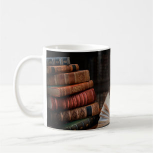Alte Bücher, Stift und Vintage Tinte aus Holz Kaffeetasse