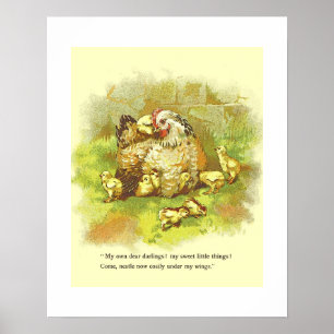 Alte Buchseite Henne mit Küken Kinderzimmer Poster