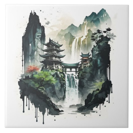 Alte chinesische Tuschlandschaft mit Wasserfall Fliese (Vorderseite)
