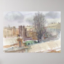 Alte Dächer von Odesa im Frühling – Aquarell