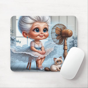 Alte Dame kühlt sich vor einem alten Ventilator ab Mousepad