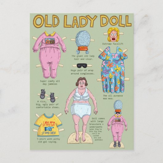 Alte Dame Papierpuppe. Postkarte (Vorderseite)