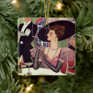 Alte Dame raucht Zigarette und trinkt Champagner Keramikornament