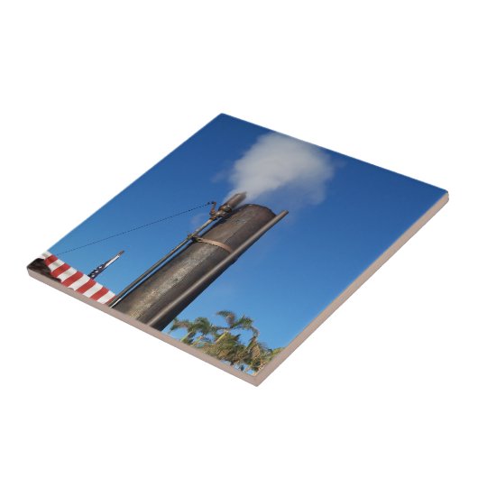 alte Dampfpfeife mit weißem Dampfstrahl Fliese (Seite)