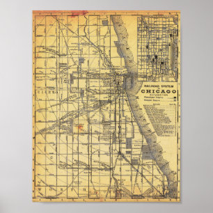 Alte detaillierte Eisenbahnkarte von Chicago Poste Poster