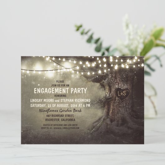 alte Eichenbaum-Tinkelleuchter-Verlobungsparty Einladung (Stehend Vorderseite)