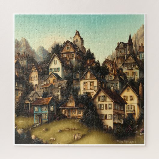 ALTE FARBENFROHE ALPEN-DORF-SZENE PUZZLE (Vertikal)