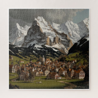 ALTE FARBENFROHE ALPEN-DORF-SZENE PUZZLE