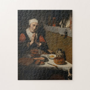Alte Frau beten zu Essen Vintage mittelalterliche  Puzzle