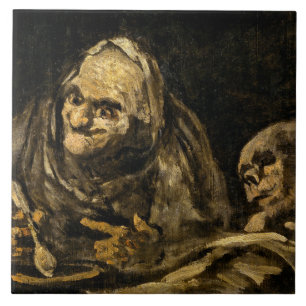 Alte Frau mit Skelett (Tod) (Francisco Goya) Fliese