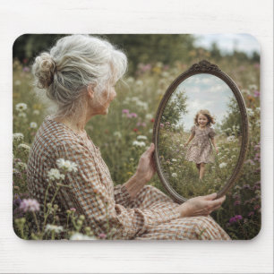 Alte Frau sieht ein Spiegelbild ihrer jüngeren Sel Mousepad