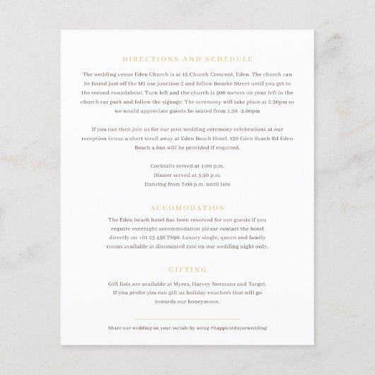 Alte Goldherz-Monogramm Hochzeitsgast-Informatione (Rückseite)