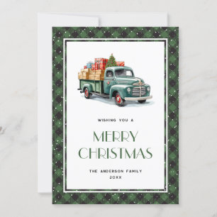 Alte grüne Plaid-Weihnachtskarte mit Lastwagen Feiertagskarte