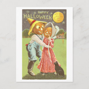 Alte Halloween-Postkarte mit Kürbissen beim Küssen Postkarte