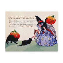 Alte Hexe mit Kürbis und schwarzen Katzen, Vintag