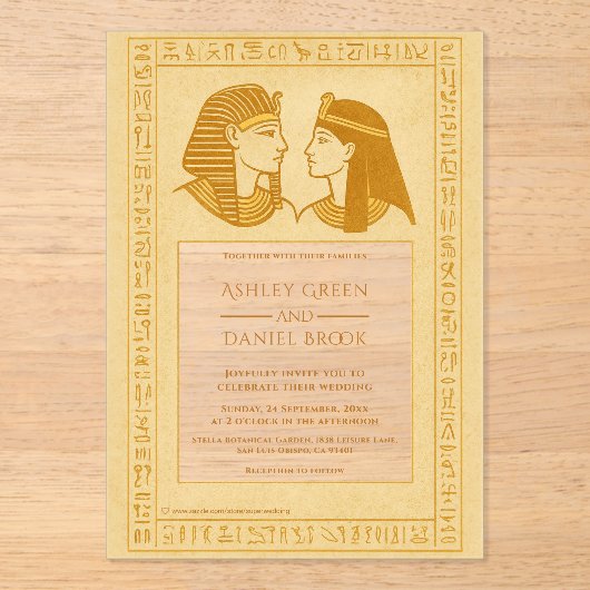 Alte Hieroglyphen King & Queen Ägyptische Hochzeit Acryleinladungen (Vorderseite)
