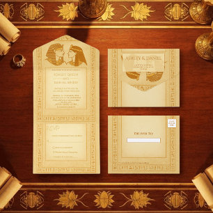 Alte Hieroglyphen König & Königin Hochzeit Goldfol All-in-One-Einladung