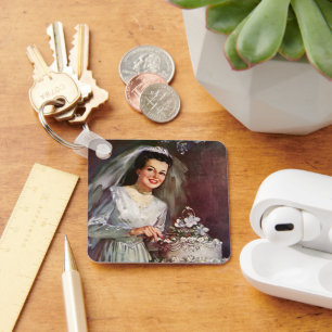 Alte Hochzeit, Braut schneidet die Hochzeitstorte Schlüsselanhänger