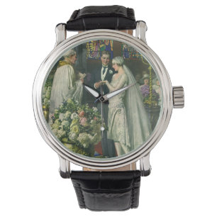 Alte Hochzeit, Braut und Bräutigam mit Menora Armbanduhr