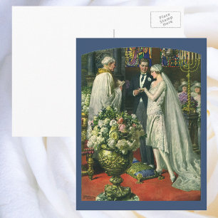 Alte Hochzeit, Braut und Bräutigam mit Menora Postkarte