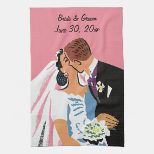Alte Hochzeit, Retro-Braut und Bräutigam beim Küss Geschirrtuch